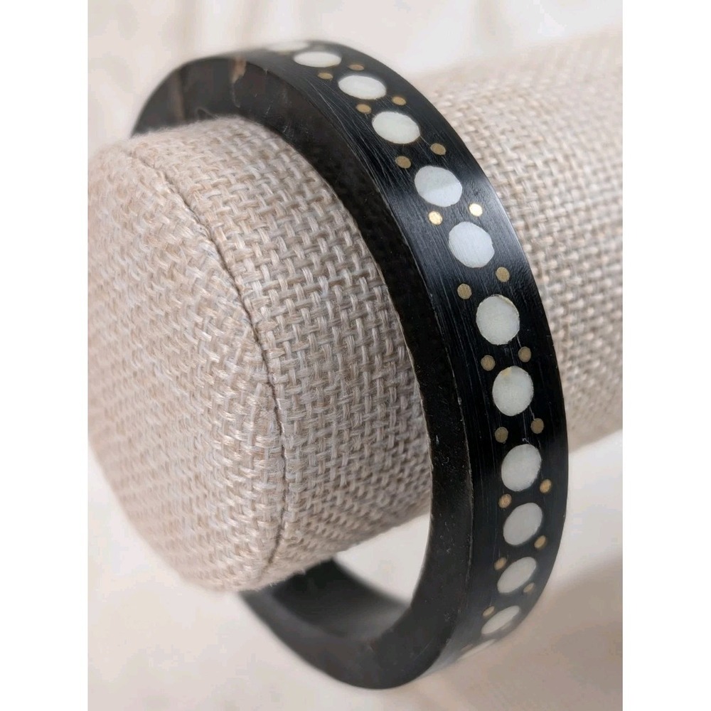 Black Bone Horn Bangle Bracelet White Dot Inlay Brass Boho Ethnic Vintage Style‎